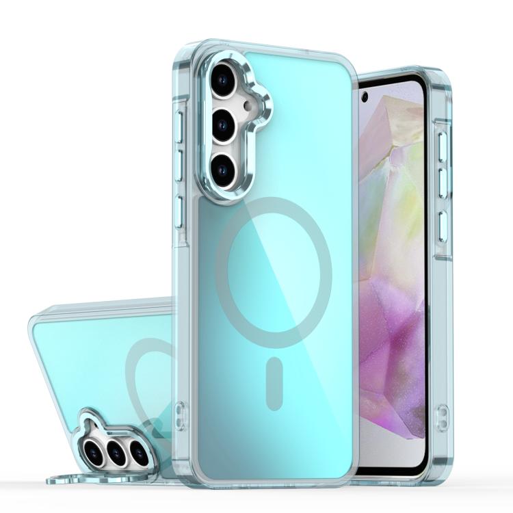 

For Samsung Galaxy S23 FE 5G Plating Gradient Discolor MagSafe Phone Case with Holder(Blue)