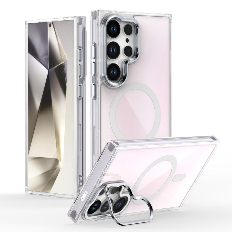 

For Samsung Galaxy S26 Ultra 5G Plating Gradient Discolor MagSafe Phone Case with Holder(White)