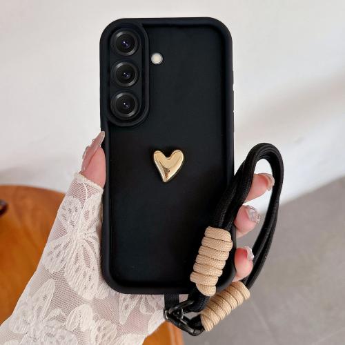 

For Samsung Galaxy A56 5G Solid Color 3D Love TPU Phone Case with Lanyard(Black)