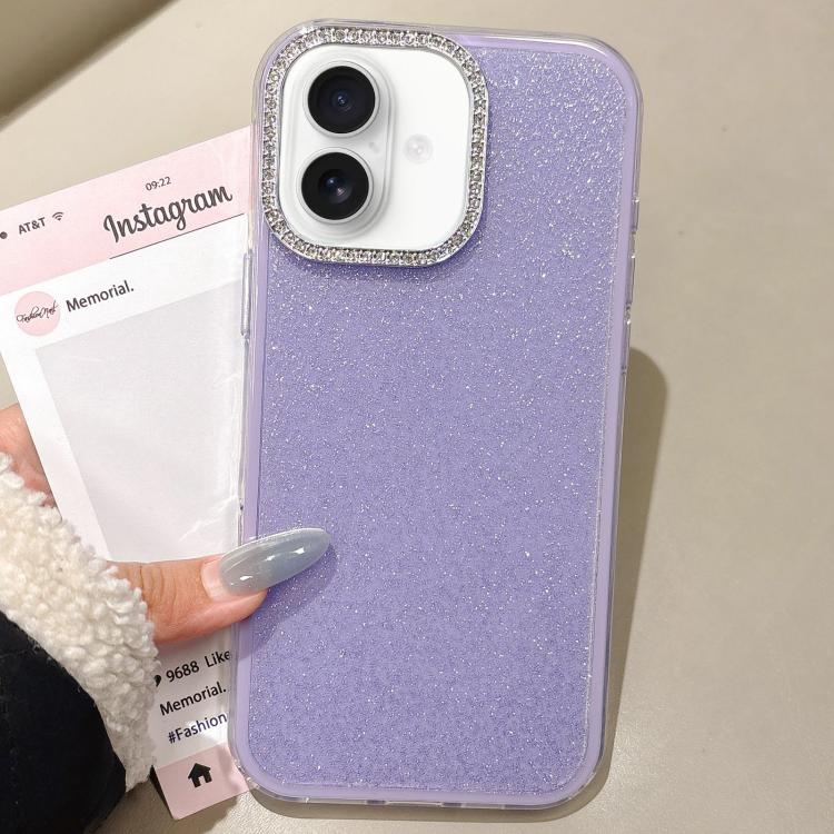 

For iPhone 16 Plus Rhinestone-Embedded Camera Frame Glitter Full Coverage Phone Case(Purple)