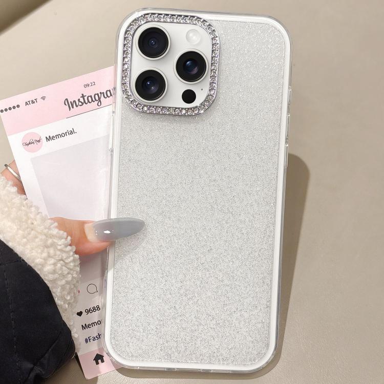 

For iPhone 15 Pro Max Rhinestone-Embedded Camera Frame Glitter Full Coverage Phone Case(White)