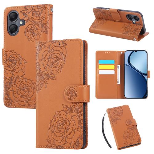 

For Samsung Galaxy A06 Rose Flower Embossed 3-Card Slots Leather Phone Case(Brown)