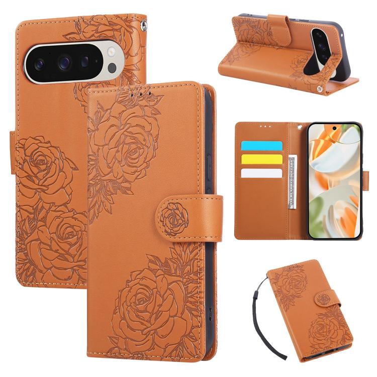 

For Google Pixel 10 Pro XL Rose Flower Embossed 3-Card Slots Leather Phone Case(Brown)
