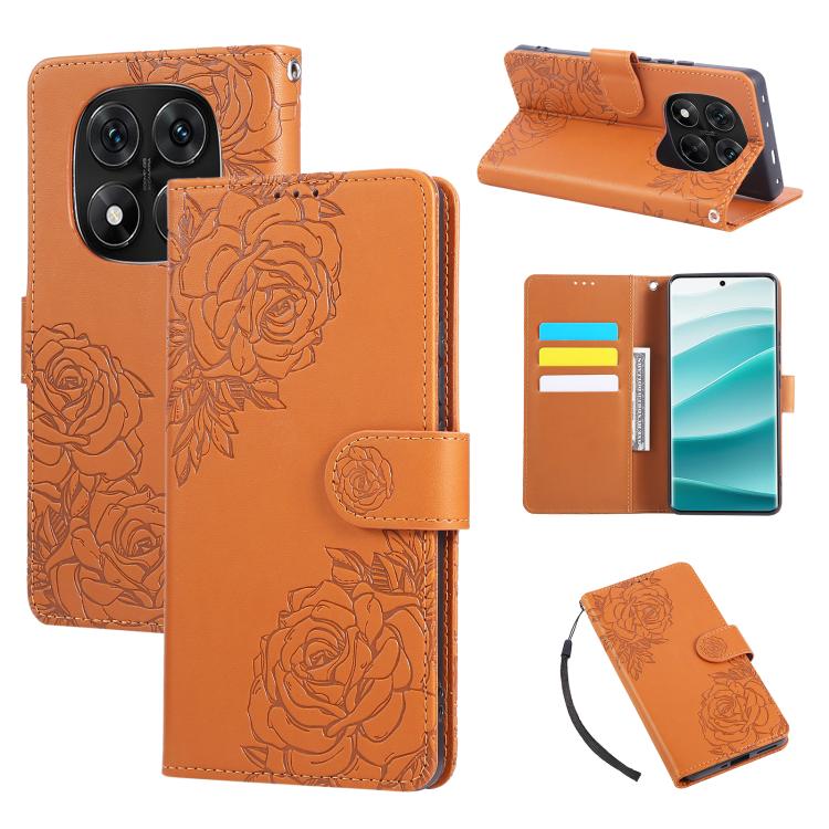 

For Redmi Note 14 Pro 4G Rose Flower Embossed 3-Card Slots Leather Phone Case(Brown)