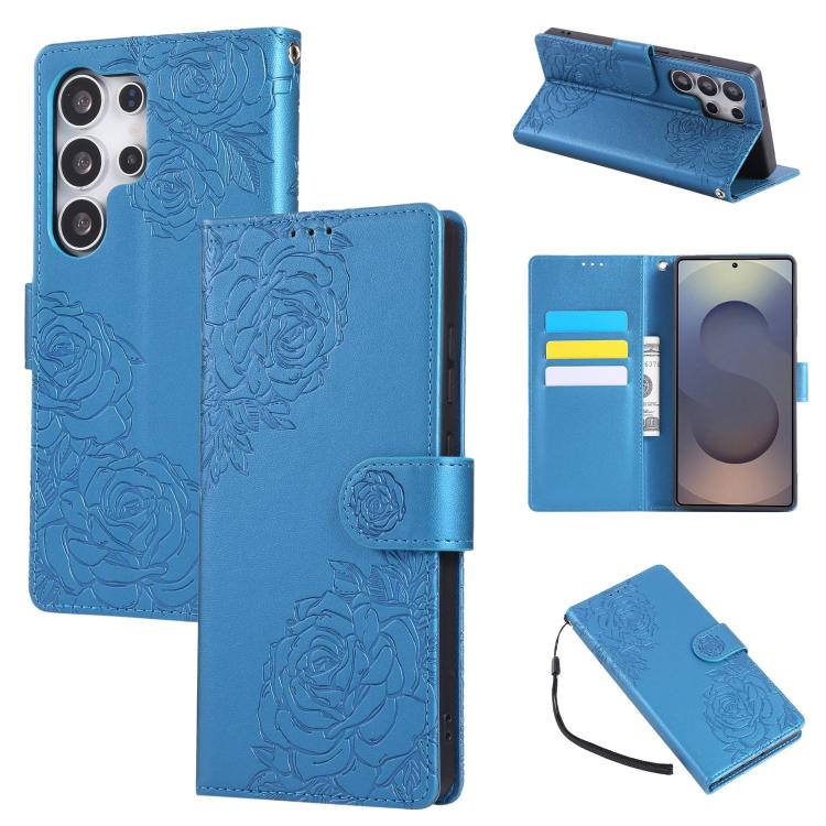 

For Samsung Galaxy S25 Ultra 5G Rose Flower Embossed 3-Card Slots Leather Phone Case(Blue)