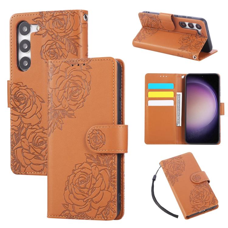 

For Samsung Galaxy S23 5G Rose Flower Embossed 3-Card Slots Leather Phone Case(Brown)