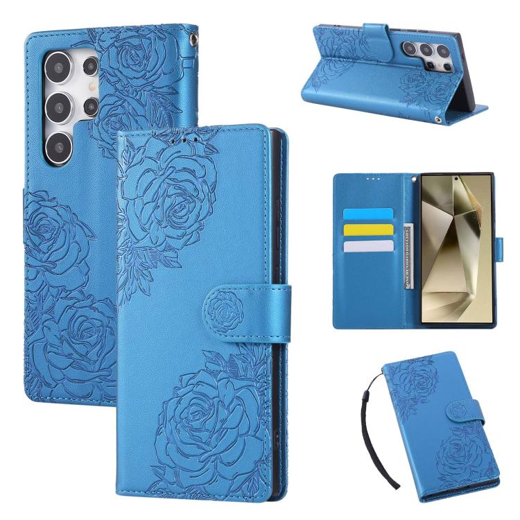 

For Samsung Galaxy S24 Ultra 5G Rose Flower Embossed 3-Card Slots Leather Phone Case(Blue)