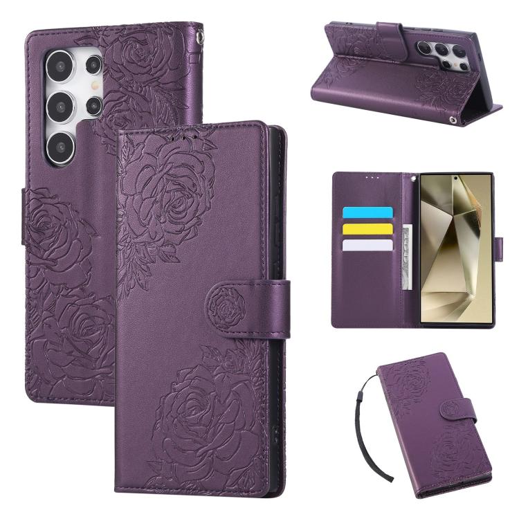 

For Samsung Galaxy S24 Ultra 5G Rose Flower Embossed 3-Card Slots Leather Phone Case(Deep Purple)