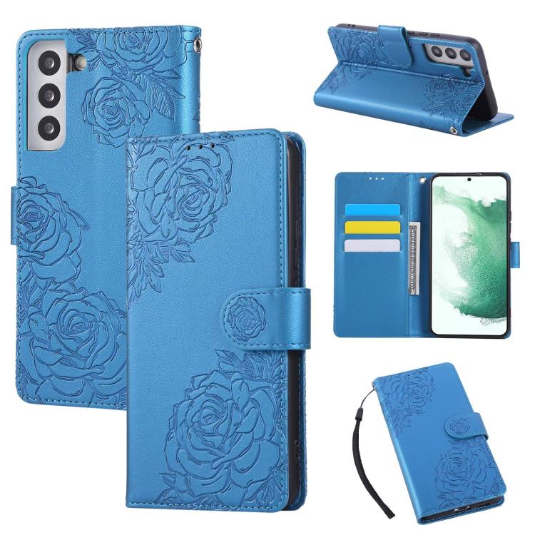 

For Samsung Galaxy S22+ 5G Rose Flower Embossed 3-Card Slots Leather Phone Case(Blue)