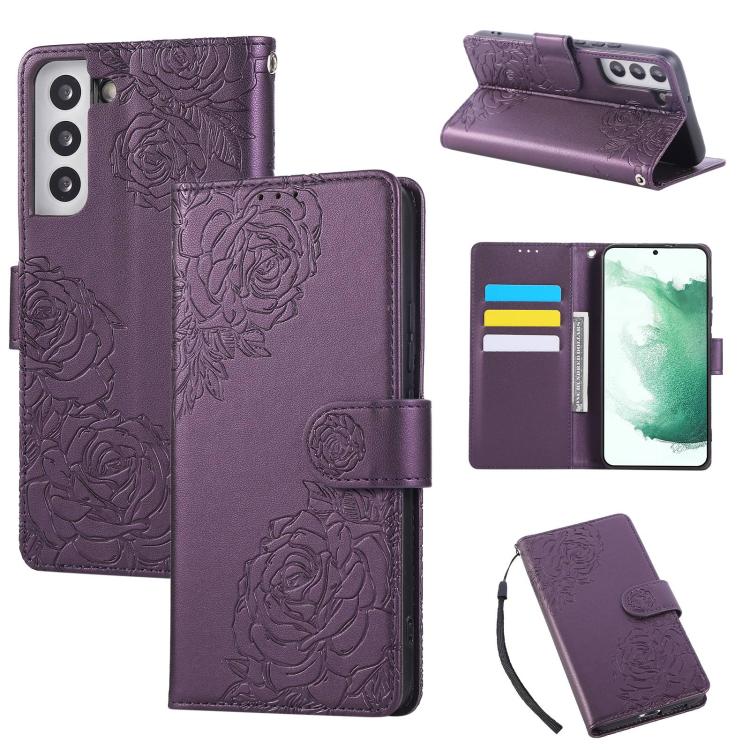 

For Samsung Galaxy S22+ 5G Rose Flower Embossed 3-Card Slots Leather Phone Case(Deep Purple)