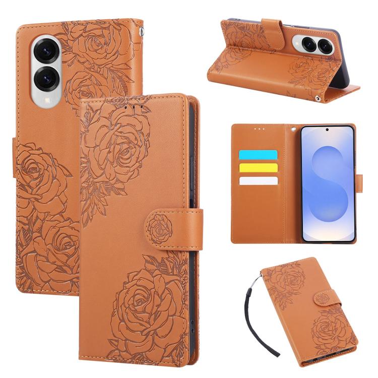 

For Samsung Galaxy S25 Edge 5G Rose Flower Embossed 3-Card Slots Leather Phone Case(Brown)