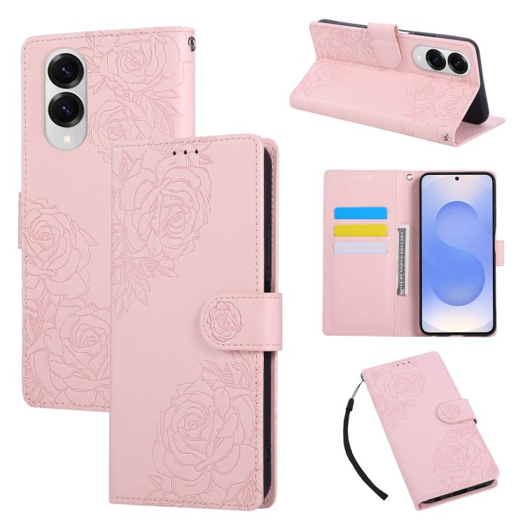 

For Samsung Galaxy S25 Edge 5G Rose Flower Embossed 3-Card Slots Leather Phone Case(Pink)