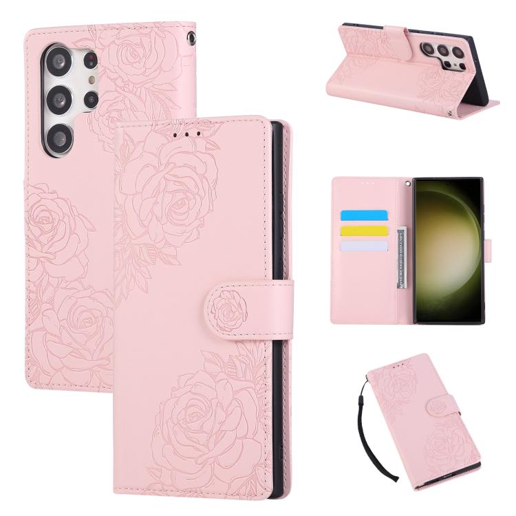 

For Samsung Galaxy S23 Ultra 5G Rose Flower Embossed 3-Card Slots Leather Phone Case(Pink)