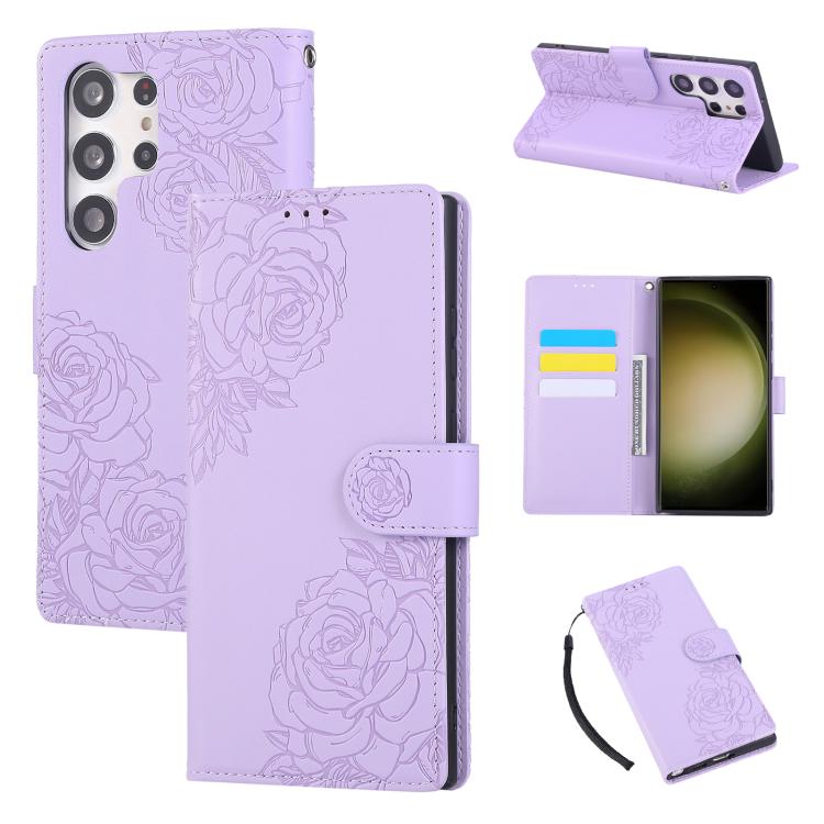 

For Samsung Galaxy S23 Ultra 5G Rose Flower Embossed 3-Card Slots Leather Phone Case(Purple)