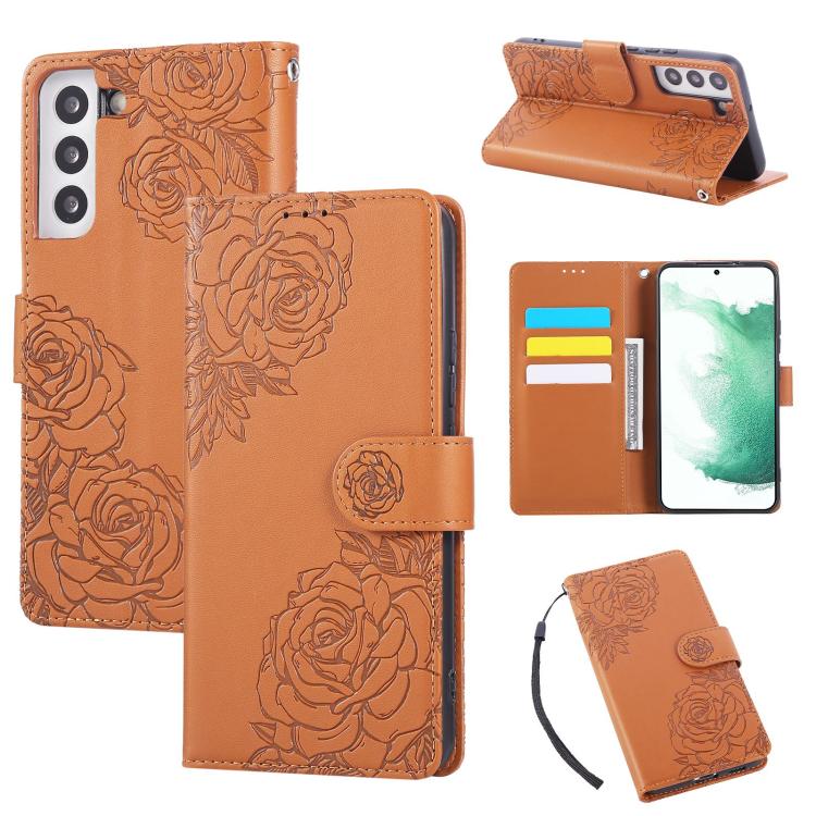 

For Samsung Galaxy S22 5G Rose Flower Embossed 3-Card Slots Leather Phone Case(Brown)