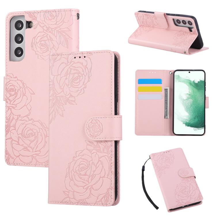 

For Samsung Galaxy S22 5G Rose Flower Embossed 3-Card Slots Leather Phone Case(Pink)