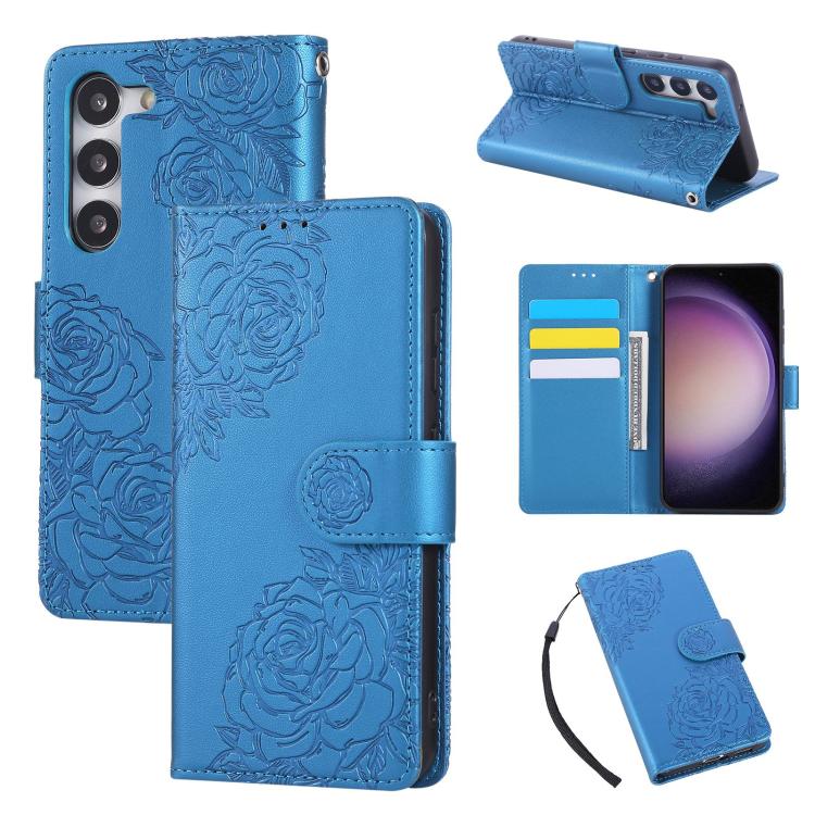 

For Samsung Galaxy S23+ 5G Rose Flower Embossed 3-Card Slots Leather Phone Case(Blue)
