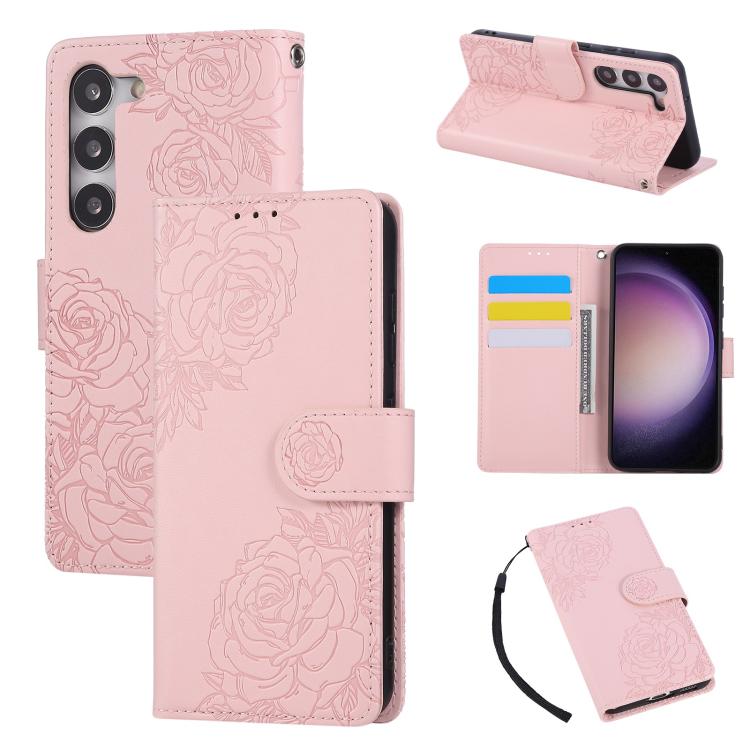 

For Samsung Galaxy S23+ 5G Rose Flower Embossed 3-Card Slots Leather Phone Case(Pink)