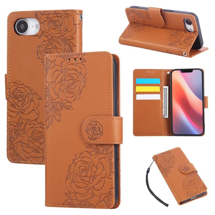 

For iPhone 16e Rose Flower Embossed 3-Card Slots Leather Phone Case(Brown)