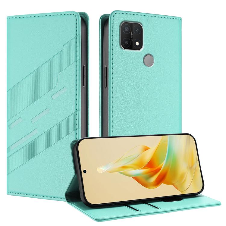 

For OPPO A15 Embossed Multi-functional Wallet Retro Leather Phone Case(Mint Green)