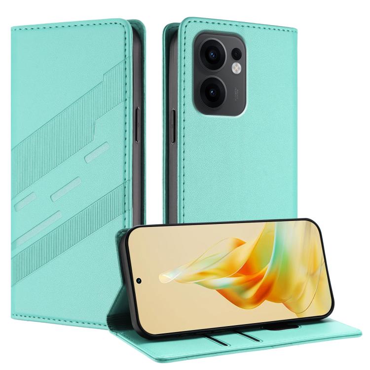

For OPPO Reno13 F Embossed Multi-functional Wallet Retro Leather Phone Case(Mint Green)