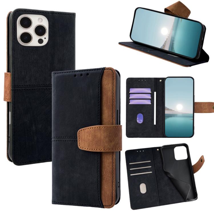 

For iPhone 16 Pro Max Color Stitching Skin Feel Leather RFID Blocking Phone Case(Black)