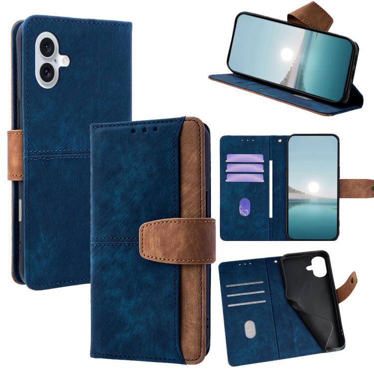 

For iPhone 16 Plus Color Stitching Skin Feel Leather RFID Blocking Phone Case(Blue)