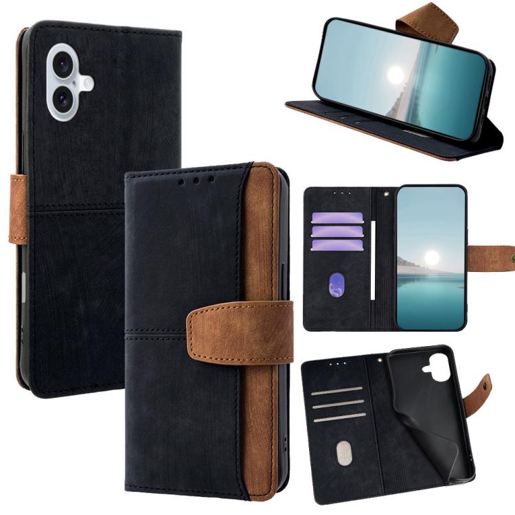 

For iPhone 16 Color Stitching Skin Feel Leather RFID Blocking Phone Case(Black)
