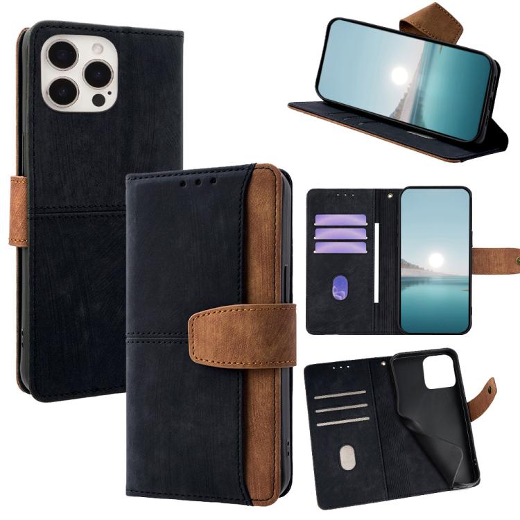 

For iPhone 15 Pro Max Color Stitching Skin Feel Leather RFID Blocking Phone Case(Black)