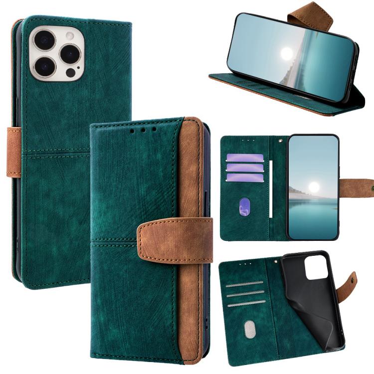 

For iPhone 15 Pro Max Color Stitching Skin Feel Leather RFID Blocking Phone Case(Green)