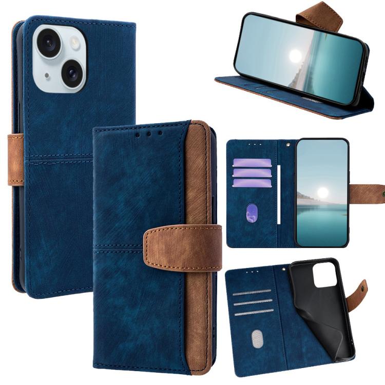 

For iPhone 15 Plus Color Stitching Skin Feel Leather RFID Blocking Phone Case(Blue)