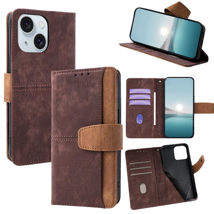 

For iPhone 15 Color Stitching Skin Feel Leather RFID Blocking Phone Case(Brown)