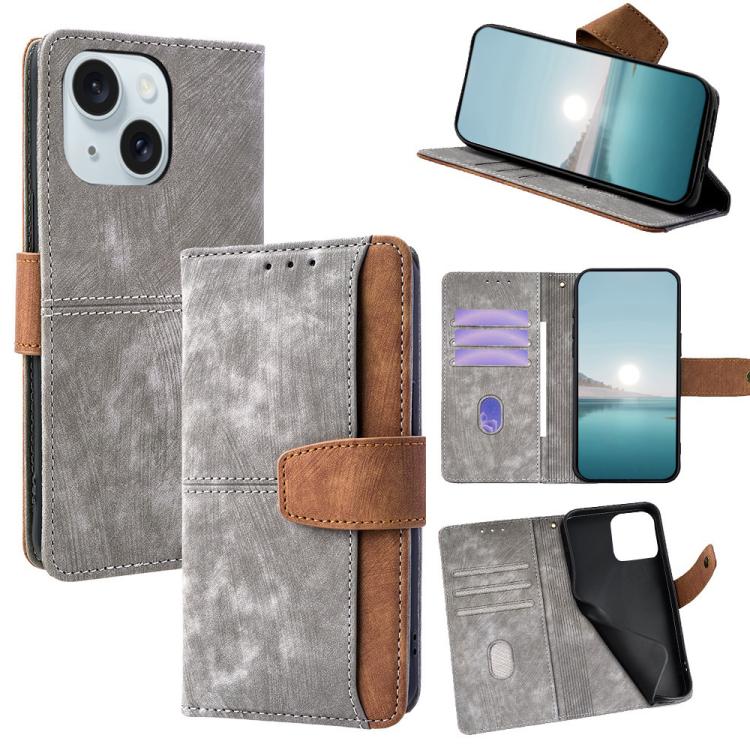 

For iPhone 15 Color Stitching Skin Feel Leather RFID Blocking Phone Case(Grey)