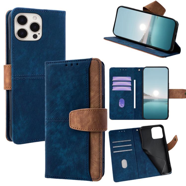 

For iPhone 13 Pro Max Color Stitching Skin Feel Leather RFID Blocking Phone Case(Blue)