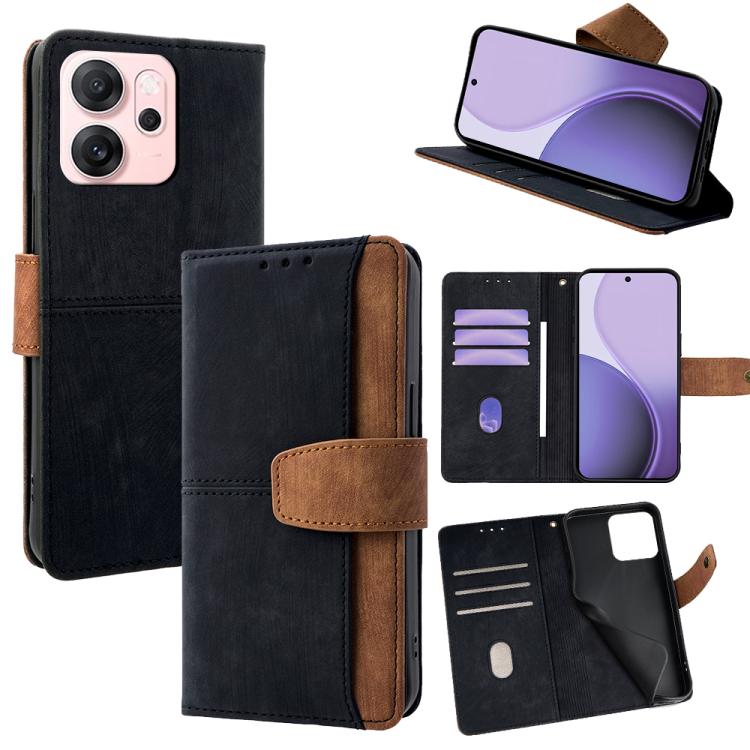 

For OPPO Reno14 F 5G Color Stitching Skin Feel Leather RFID Blocking Phone Case(Black)