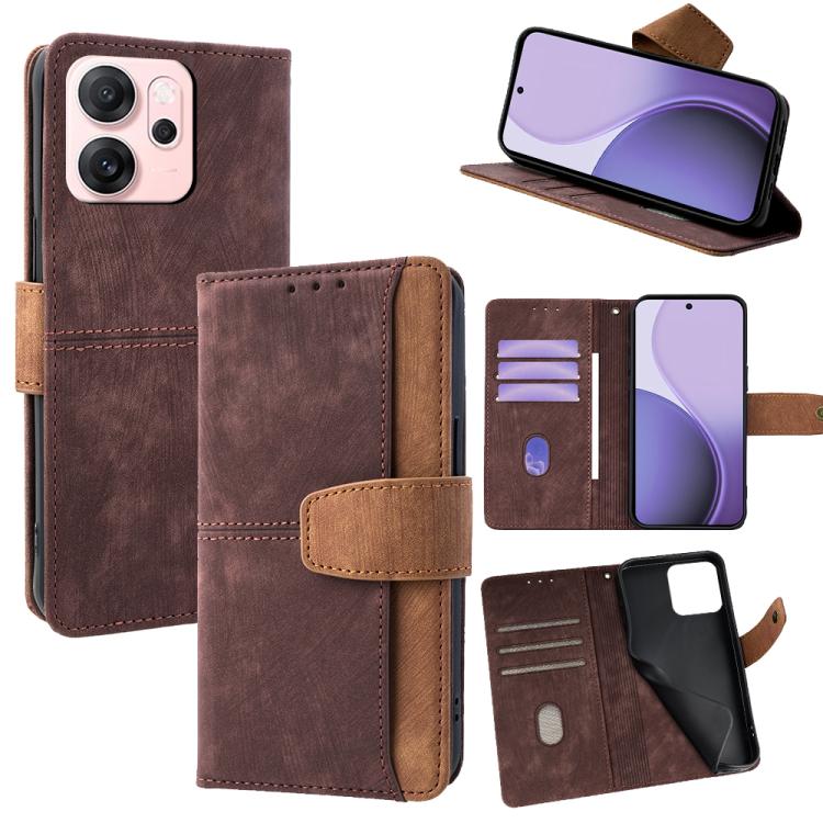 

For OPPO Reno14 F 5G Color Stitching Skin Feel Leather RFID Blocking Phone Case(Brown)