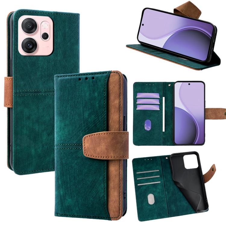 

For OPPO Reno14 F 5G Color Stitching Skin Feel Leather RFID Blocking Phone Case(Green)