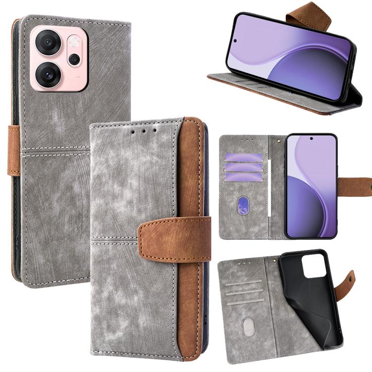 

For OPPO Reno14 F 5G Color Stitching Skin Feel Leather RFID Blocking Phone Case(Grey)