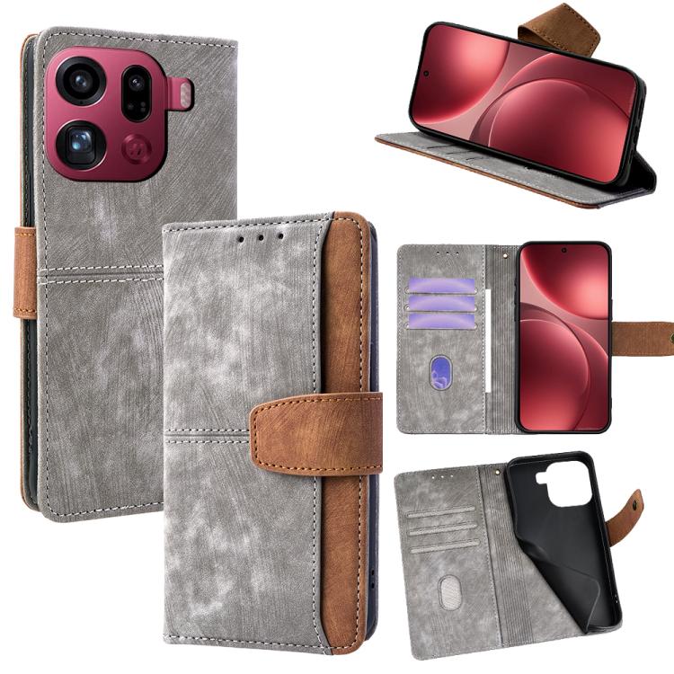 

For OPPO Find X9 Pro 5G Color Stitching Skin Feel Leather RFID Blocking Phone Case(Grey)