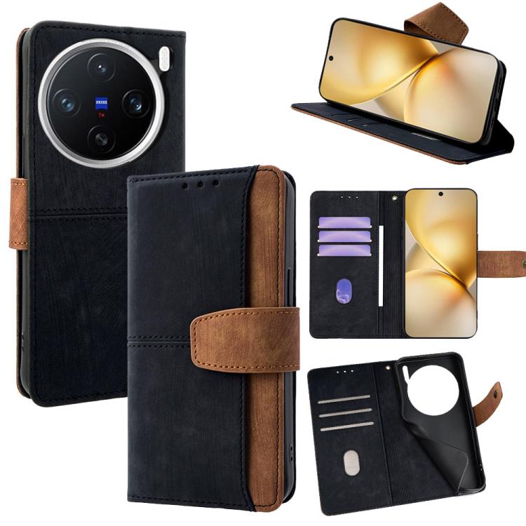 

For vivo X200 Color Stitching Skin Feel Leather RFID Blocking Phone Case(Black)