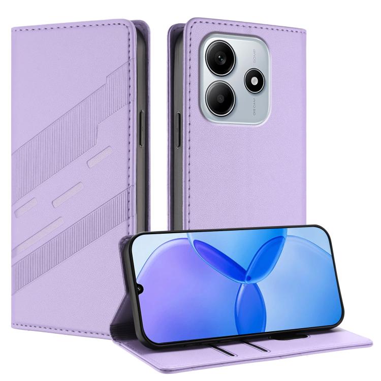 

For Redmi Note 14 4G 163.25mm Embossed Multi-functional Wallet Retro Leather Phone Case(Light Purple)
