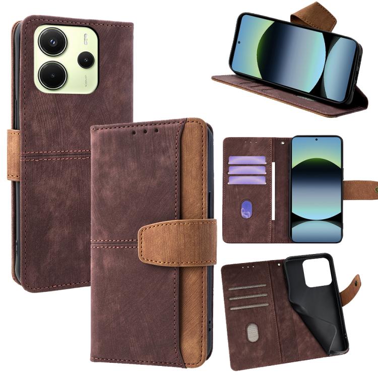 

For Redmi Note 14 4G 163.25mm Color Stitching Skin Feel Leather RFID Blocking Phone Case(Brown)