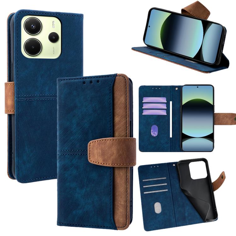 

For Redmi Note 14 4G 163.25mm Color Stitching Skin Feel Leather RFID Blocking Phone Case(Blue)