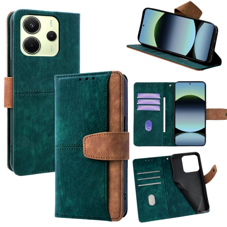 

For Redmi Note 14 4G 163.25mm Color Stitching Skin Feel Leather RFID Blocking Phone Case(Green)