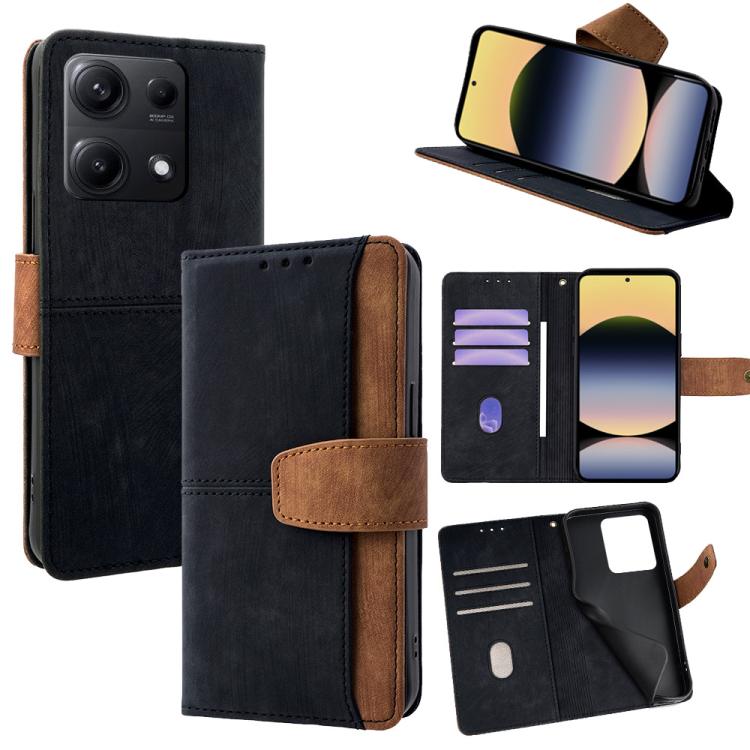

For Redmi Note 14S 4G Color Stitching Skin Feel Leather RFID Blocking Phone Case(Black)