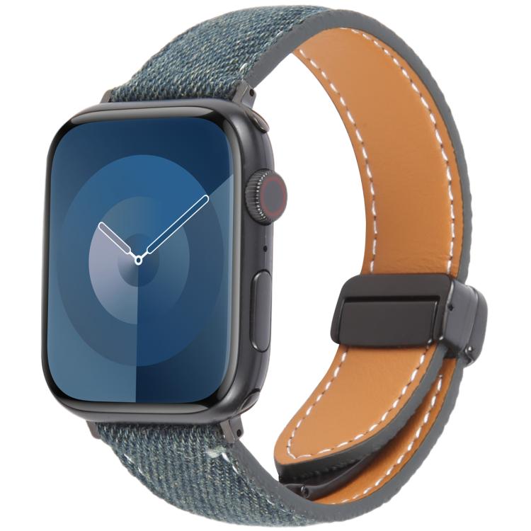 

For Apple Watch 46mm / 49mm / 45mm / 44mm Folding Magnetic Buckle Denim Leather Watch Band(Dark Blue)