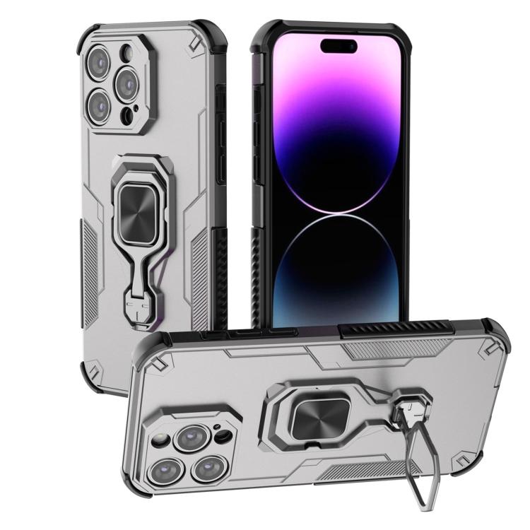 

For iPhone 14 Pro Max Metal Kickstand TPU Hybrid PC Phone Case(Grey)