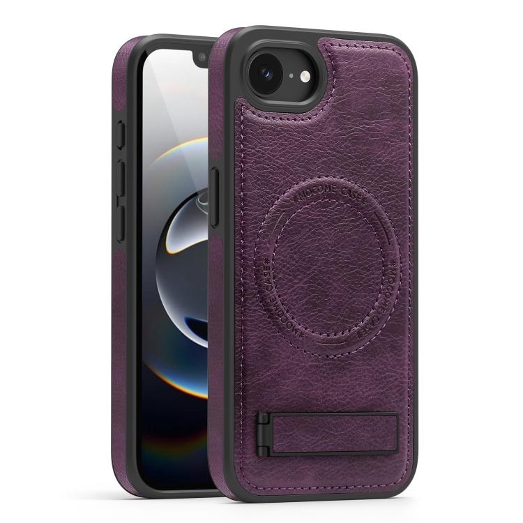 

For iPhone 16e Multi-function Holder MagSafe PU Phone Case(Deep Purple)