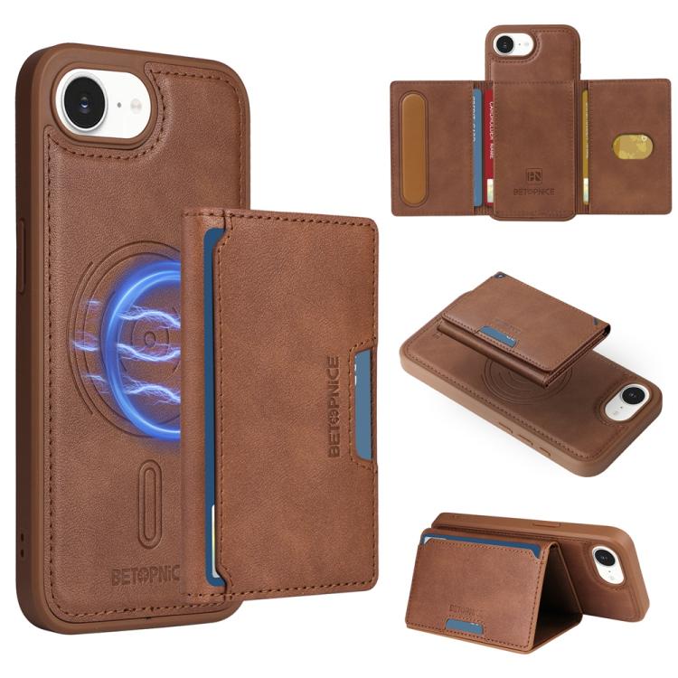 

For iPhone 16e BETOPNICE Horizontal Flip Detachable MagSafe Wallet Phone Case(Brown)