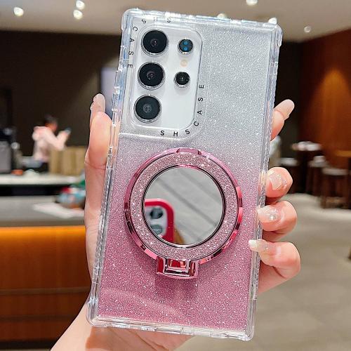 

For Samsung Galaxy S22 Ultra Mirror Holder Glitterr MagSafe Phone Case(Pink)